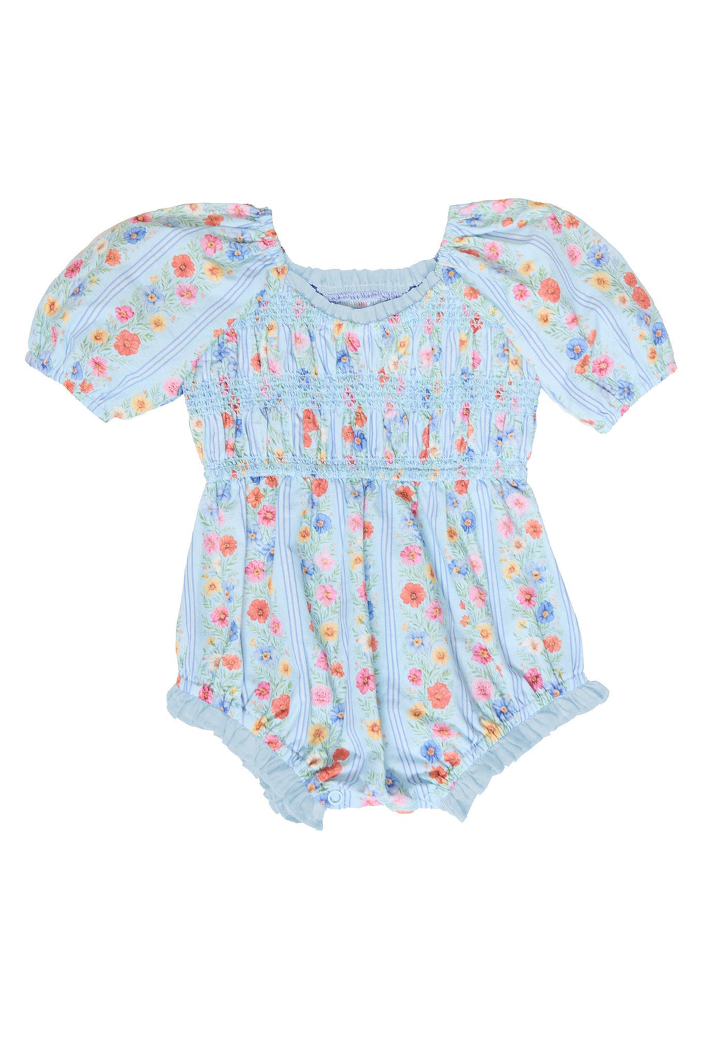 Baby Roselyn Romper in Blue Linear Floral Print