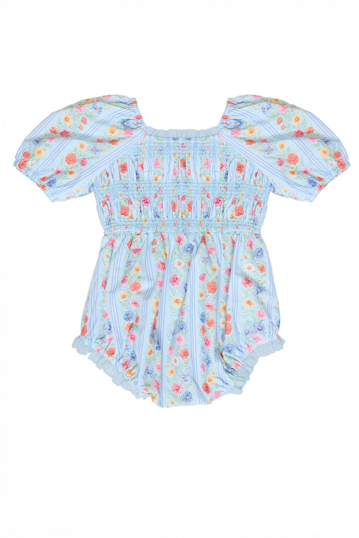 Baby Roselyn Romper in Blue Linear Floral Print