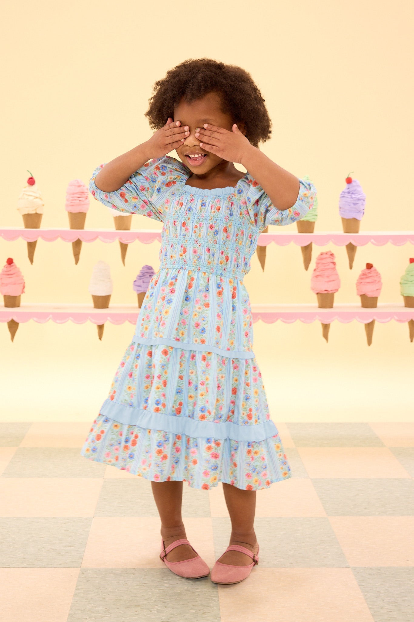 Mini Roselyn Dress in Blue Linear Floral Print