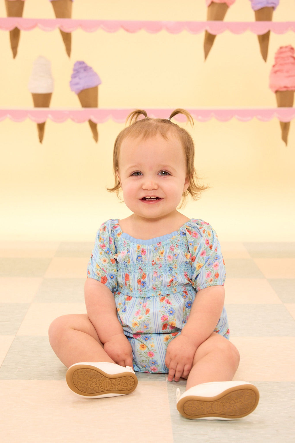 Baby Roselyn Romper in Blue Linear Floral Print