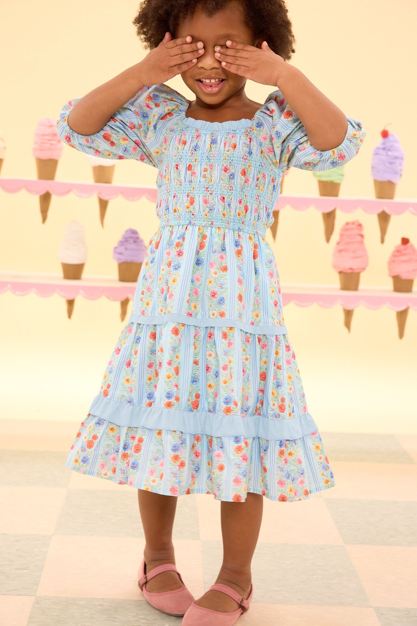 Mini Roselyn Dress in Blue Linear Floral Print
