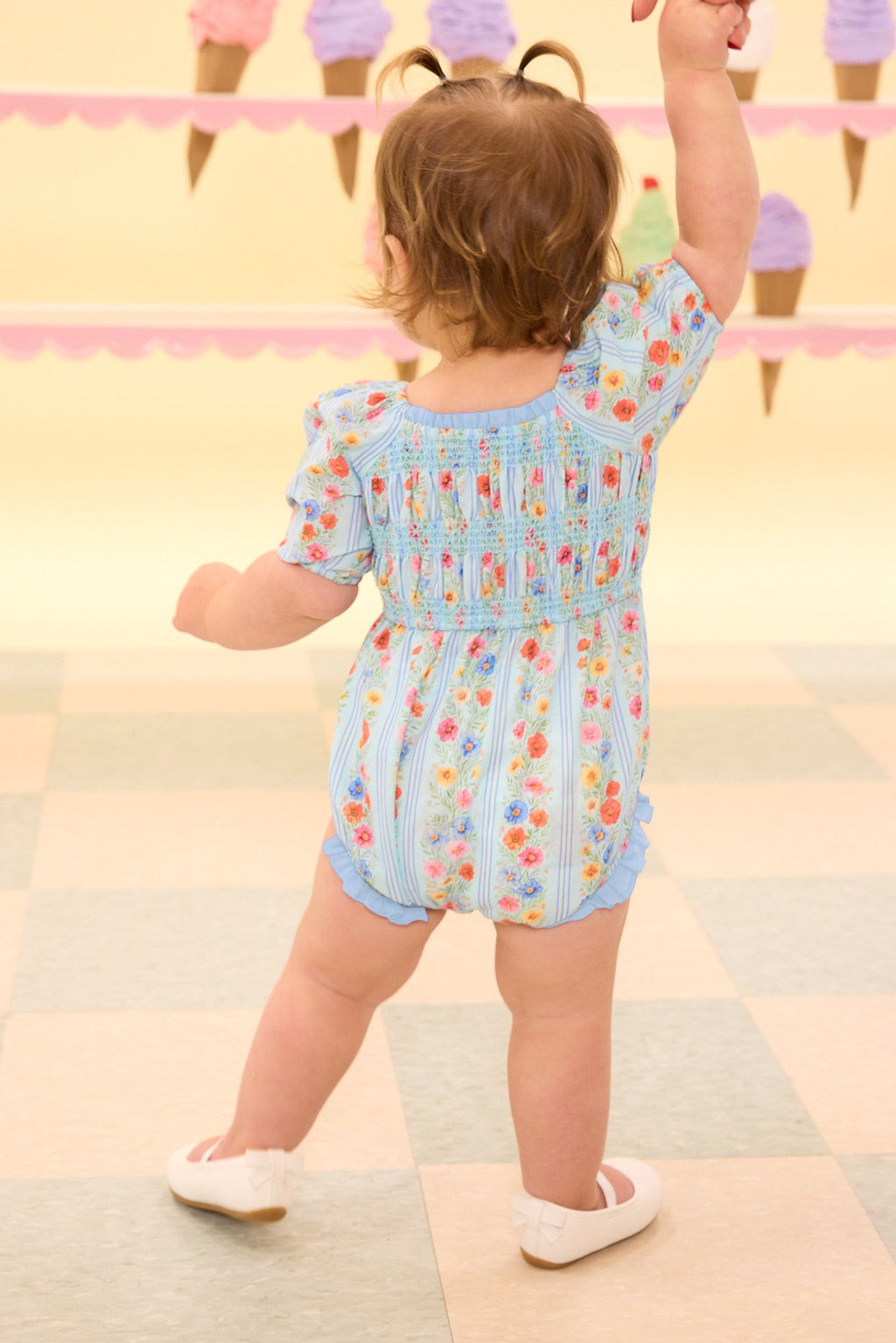 Baby Roselyn Romper in Blue Linear Floral Print