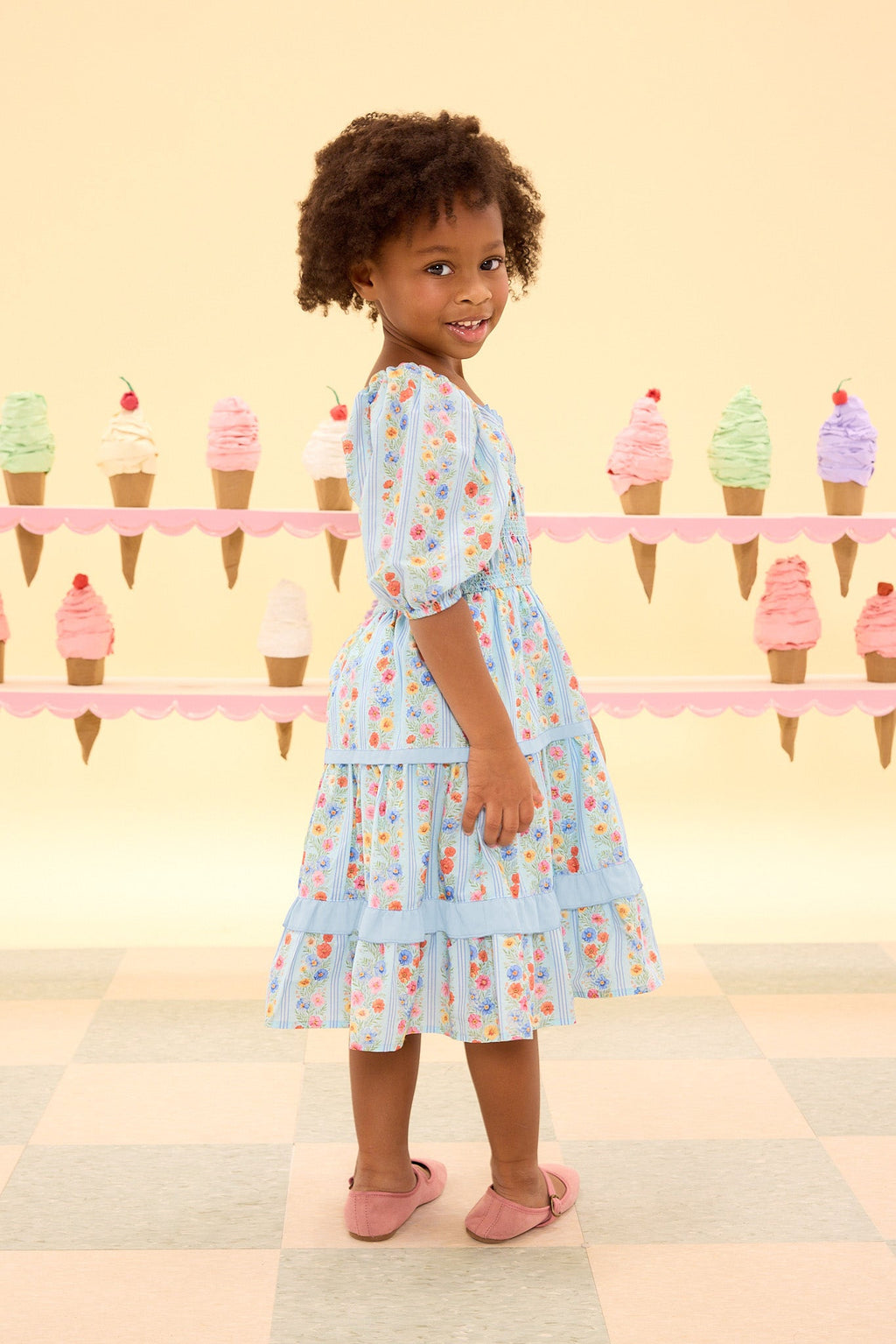 Mini Roselyn Dress in Blue Linear Floral Print