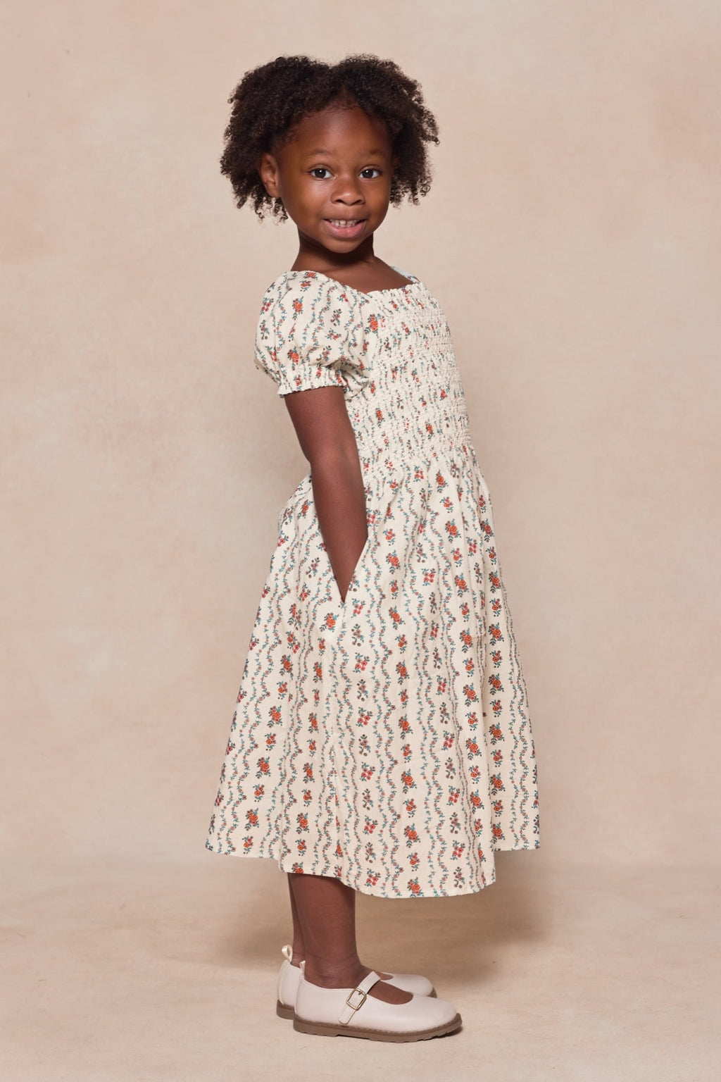 Mini Sunday Best Dress in Linear Poppy Woodblock