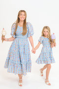 Mini Roselyn Dress in Blue Linear Floral Print